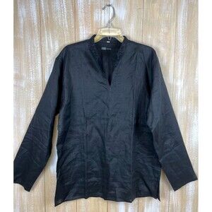 Via Veneto Women's Size 40 Black Embroidered Linen Pullover Tunic Top V-neck